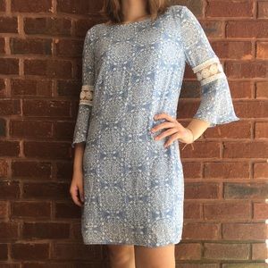 Blue Patterned Shift Dress with Lace Detail